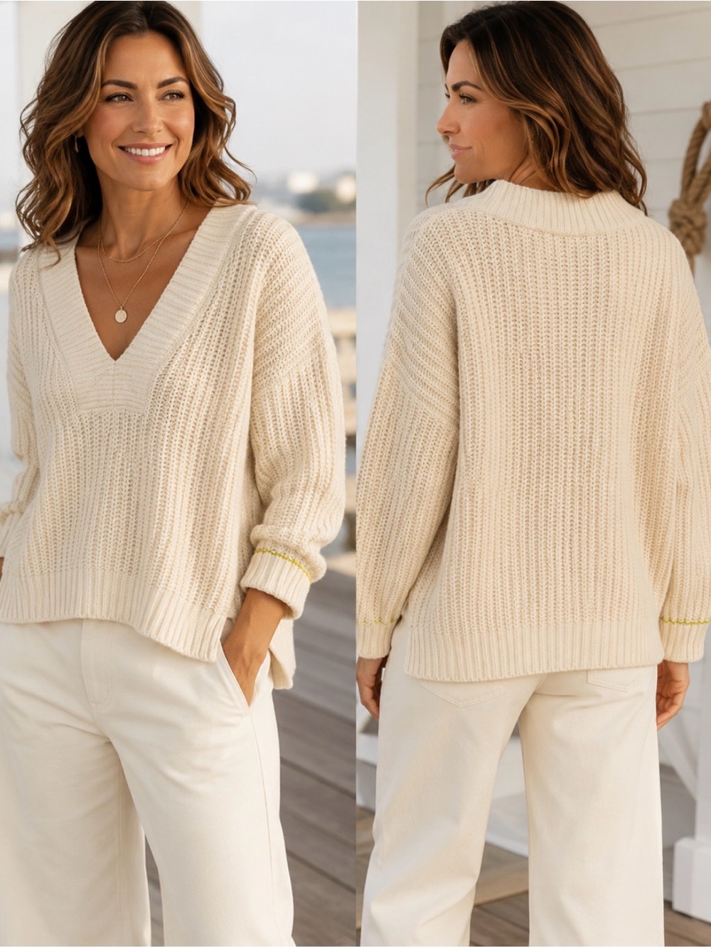 NWOT Cabi Sweater Women L Cream Chunky Cable Knit VNeck Crop Fisherman Nautical